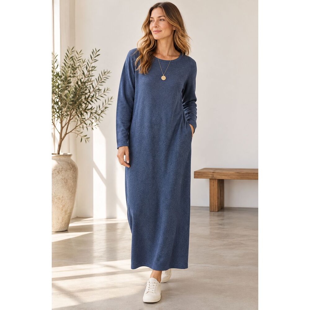Vintage Eileen Fisher Blue Cotton Knit Maxi Dress M Made USA Minimalist
